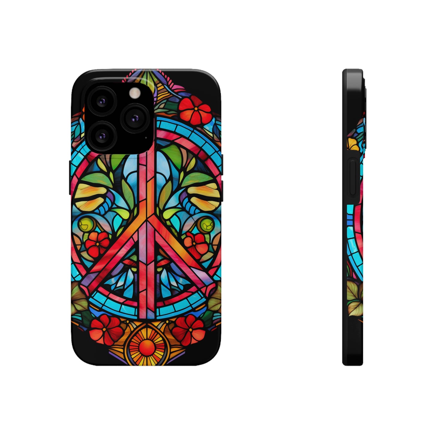 Peace Stained Glass Tough iPhone Case | Trippy Psychedelic Art Colorful Flowers Floral Aesthetic Retro iPhone 14 Plus 13 12 7 8 Se Trendy Hipp