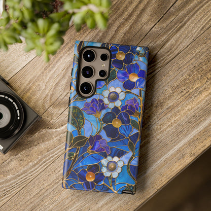 Blue Floral Stained Glass Gold Inlay Wild Flowers Phone Case