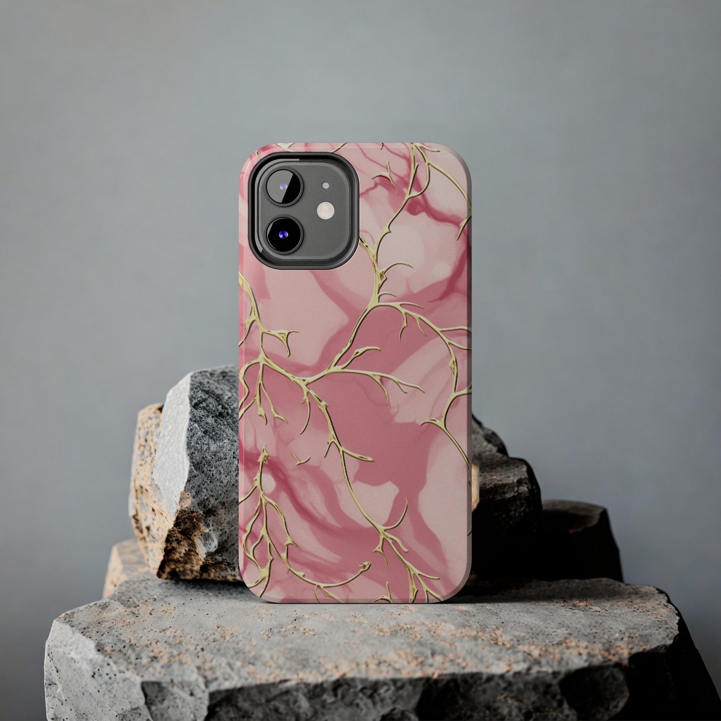 iPhone Elegance Unveiled: Pink & Gold Leaf Marble | Premium Tough iPhone Case