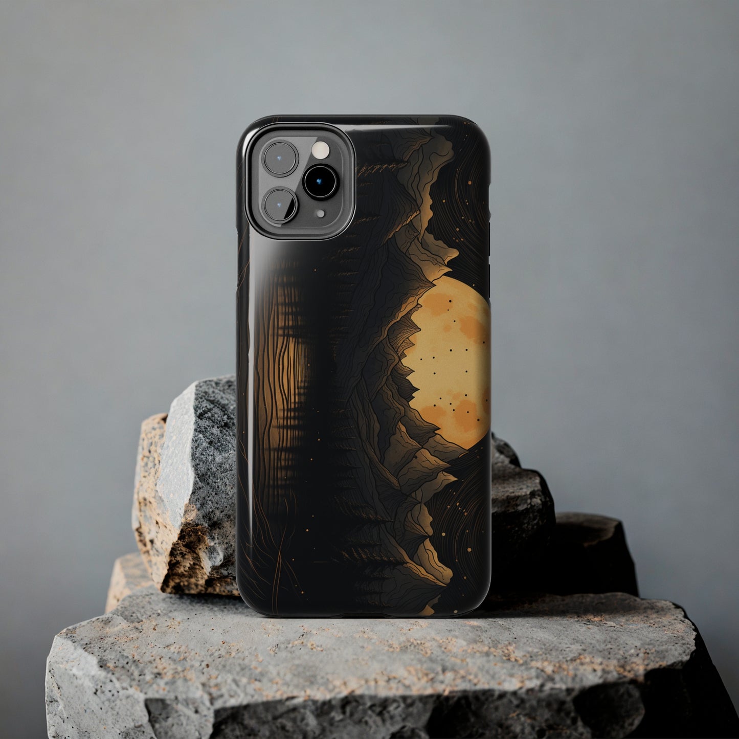 Abstract Landscape Black and Gold Mountains iPhone Case | Embrace the Mystical Full Moon