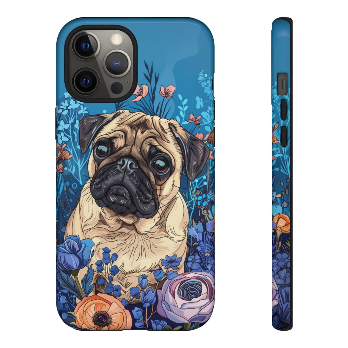 Cute Pug Dog Blue Floral Design Phone Case