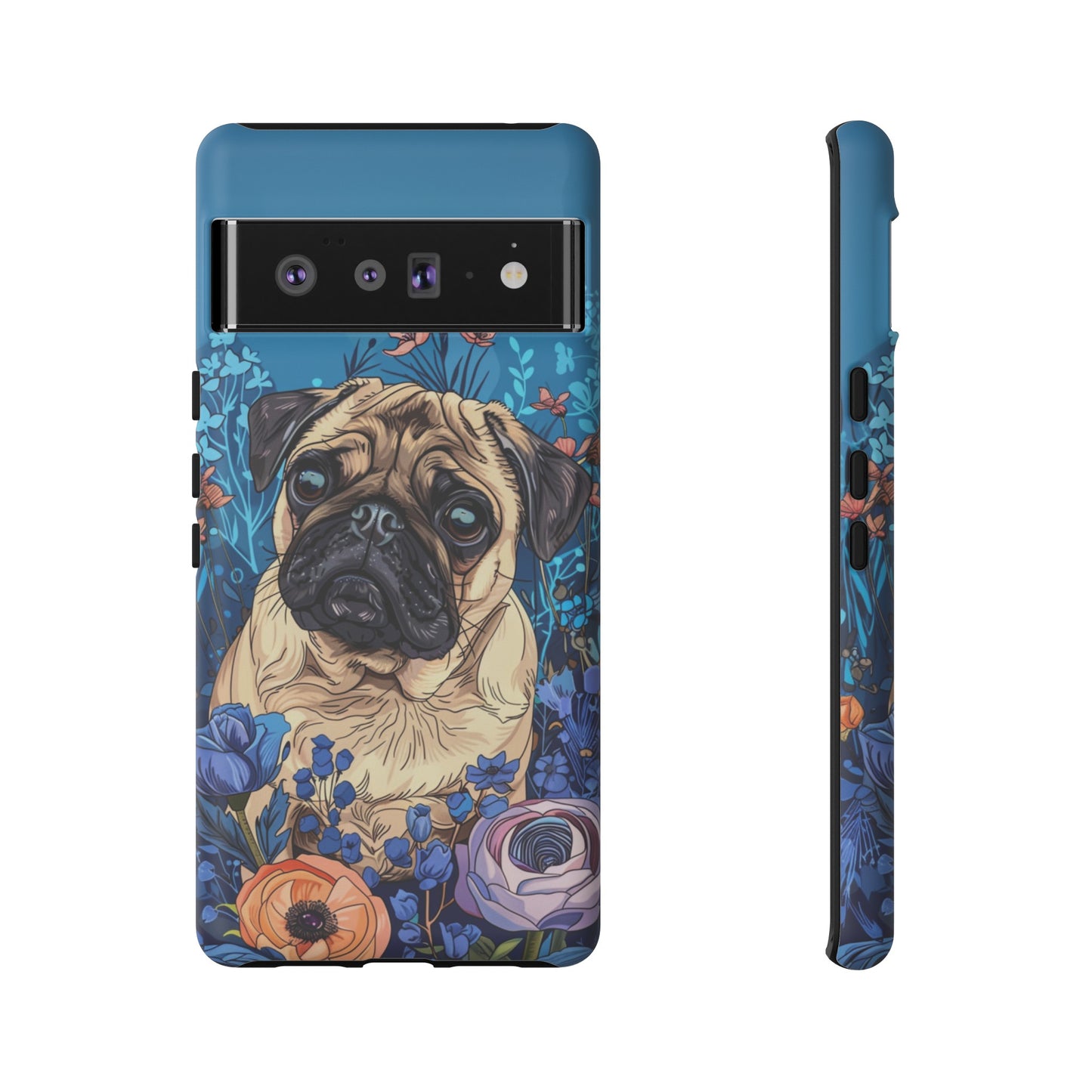 Cute Pug Dog Blue Floral Design Phone Case