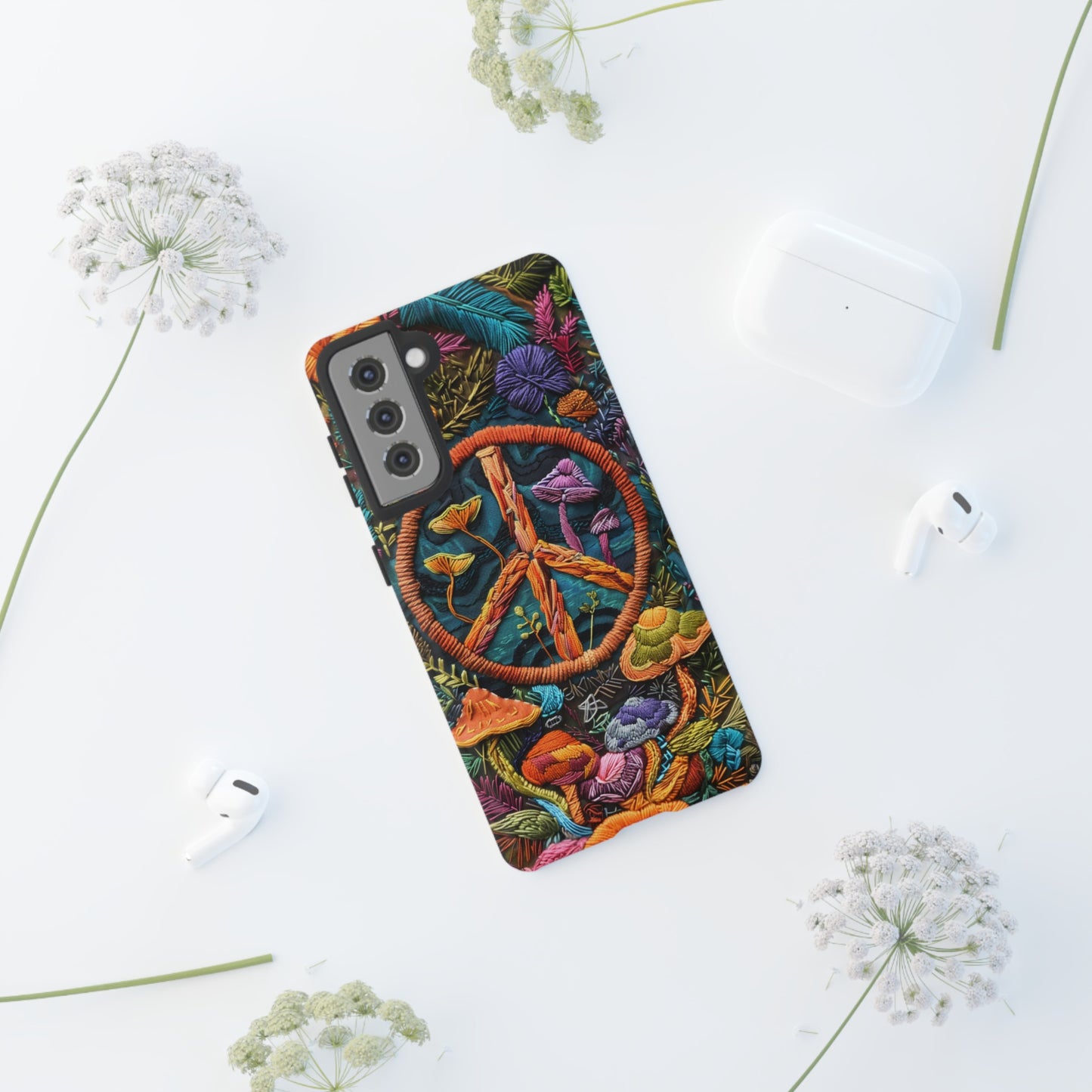 Embroidery Style Magic Mushrooms and Peace Sign Phone Case