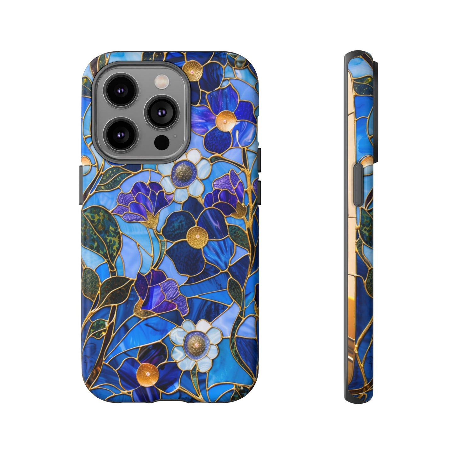 Blue Floral Stained Glass Gold Inlay Wild Flowers Phone Case