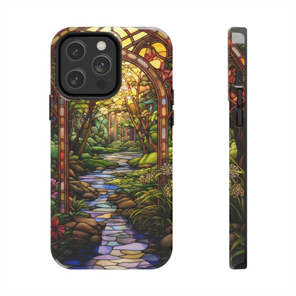 Stained Glass Stone Bridge and River Phone Case: Floral Art Nouveau Design | Bohemian Elegance for iPhone 14 Pro Max, iPhone 14 Plus