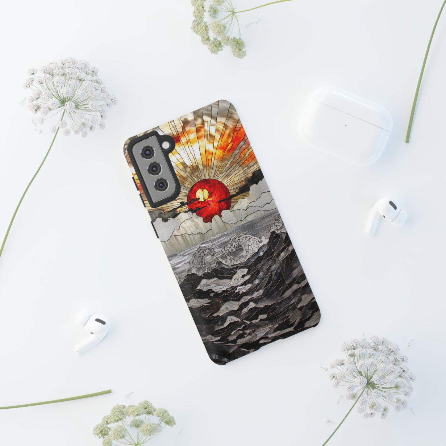 Japanese Rising Sun Phone Case Stained Glass Ocean Wave Phone Cover iPhone 15 Case