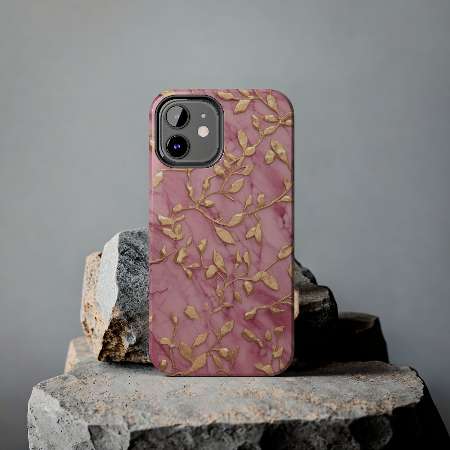 iPhone 14 Case Alluring Elegance: Pink & Gold Leaf Tough iPhone Case