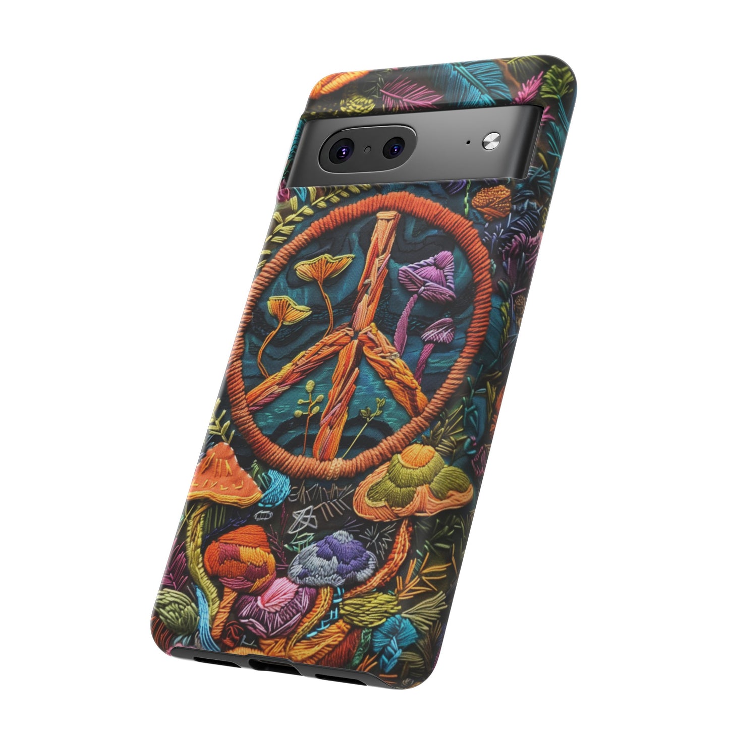 Embroidery Style Magic Mushrooms and Peace Sign Phone Case