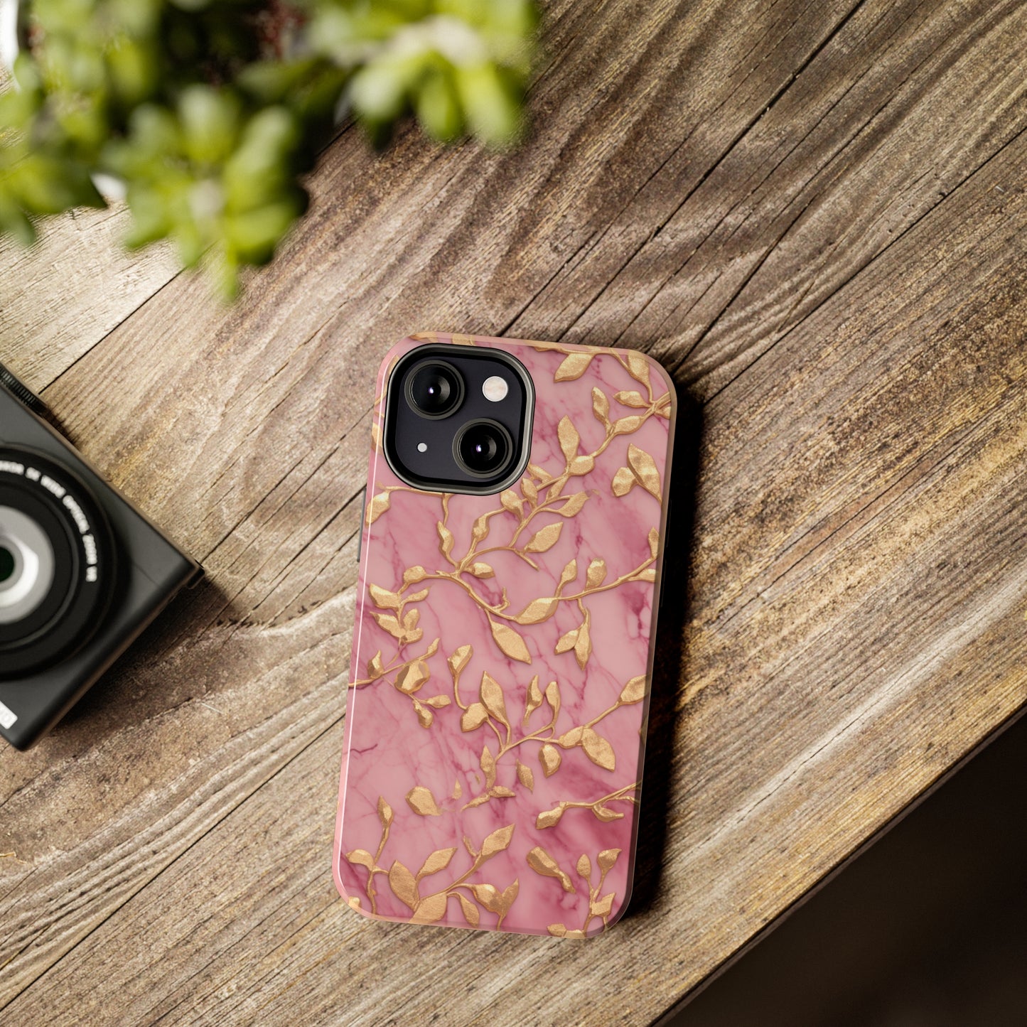 iPhone 14 Case Alluring Elegance: Pink & Gold Leaf Tough iPhone Case