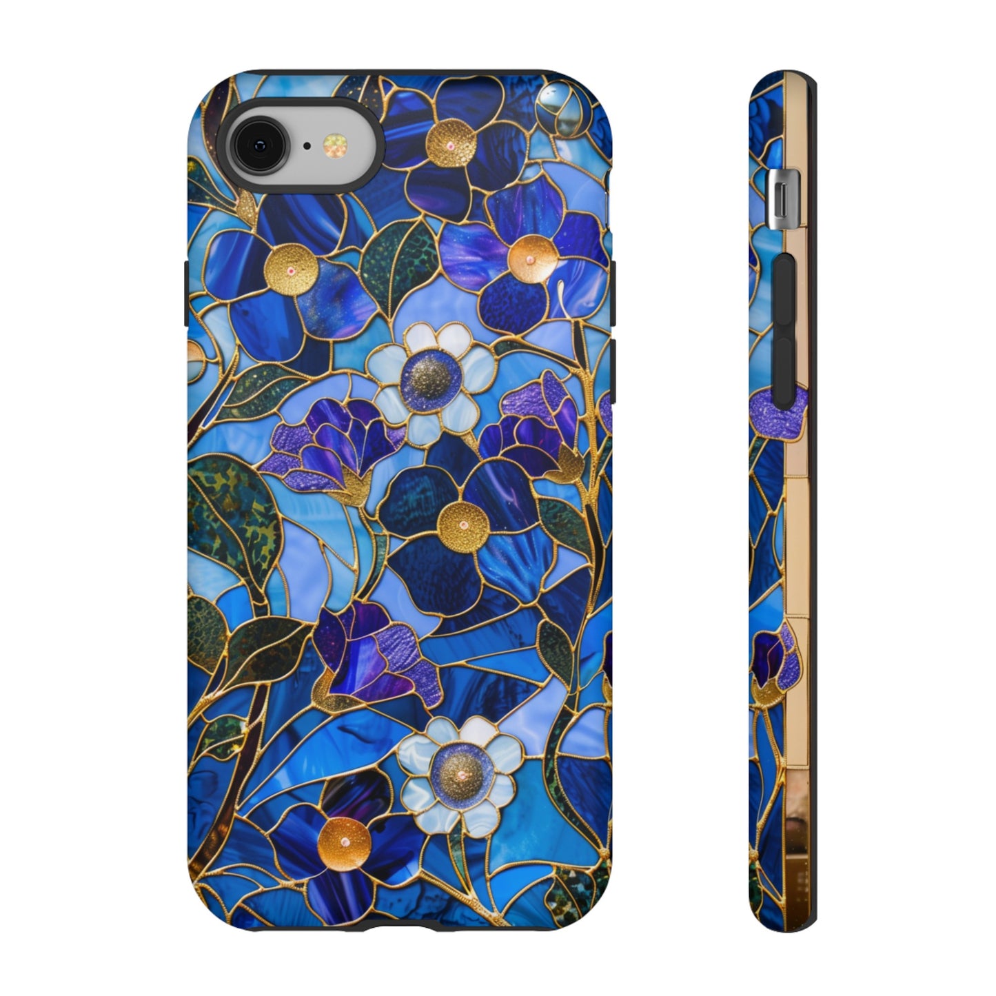 Blue Floral Stained Glass Gold Inlay Wild Flowers Phone Case