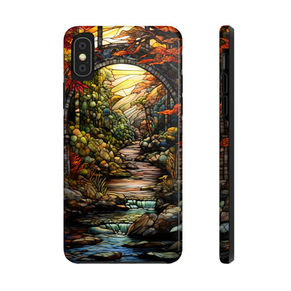 Stained Glass Stone Bridge and River: Floral Art Nouveau Phone Case | Bohemian Elegance for iPhone 14 down to iPhone 7 Models