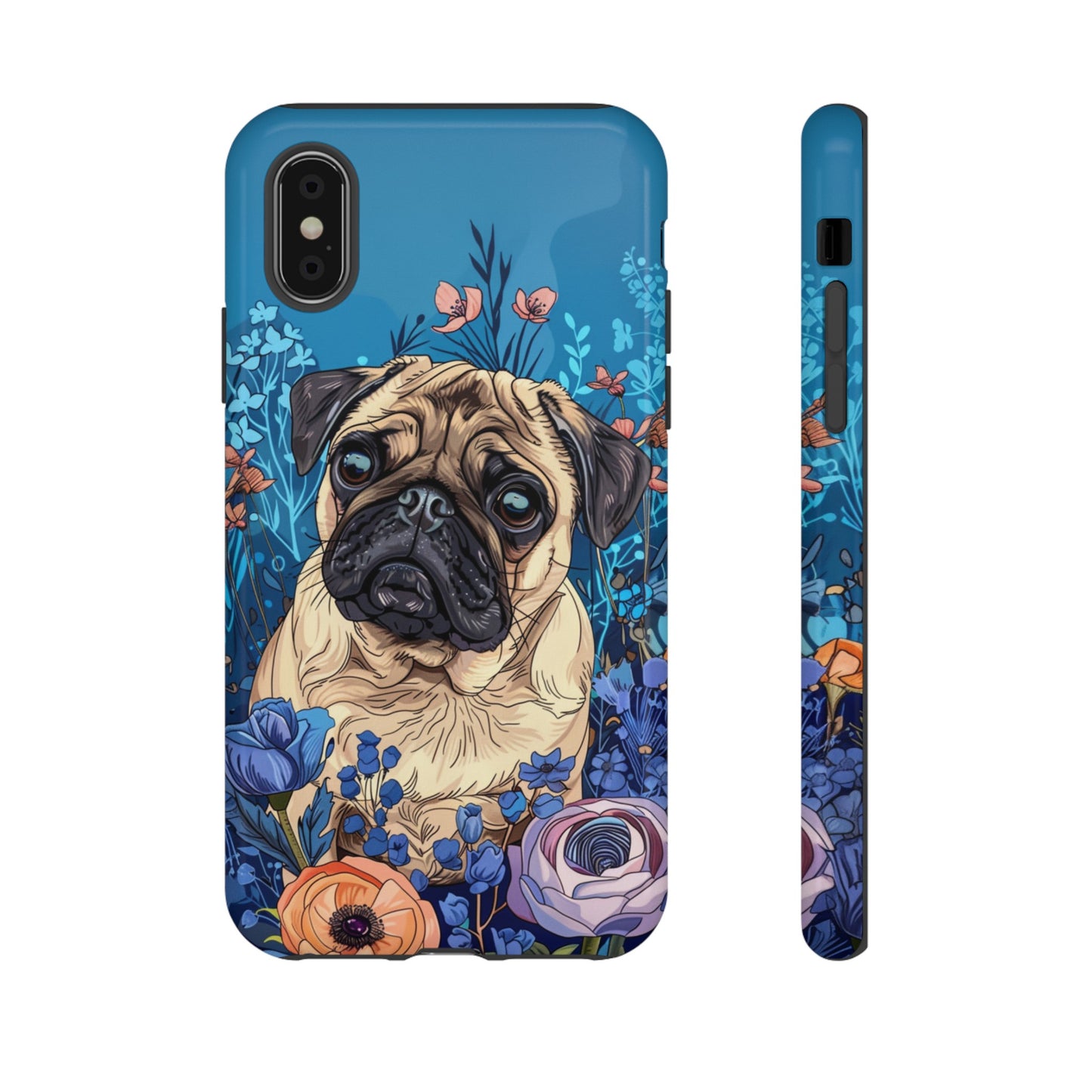 Cute Pug Dog Blue Floral Design Phone Case