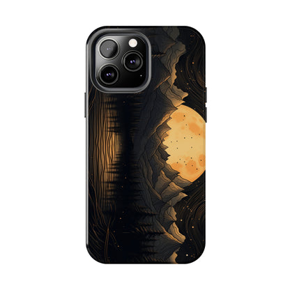 Abstract Landscape Black and Gold Mountains iPhone Case | Embrace the Mystical Full Moon