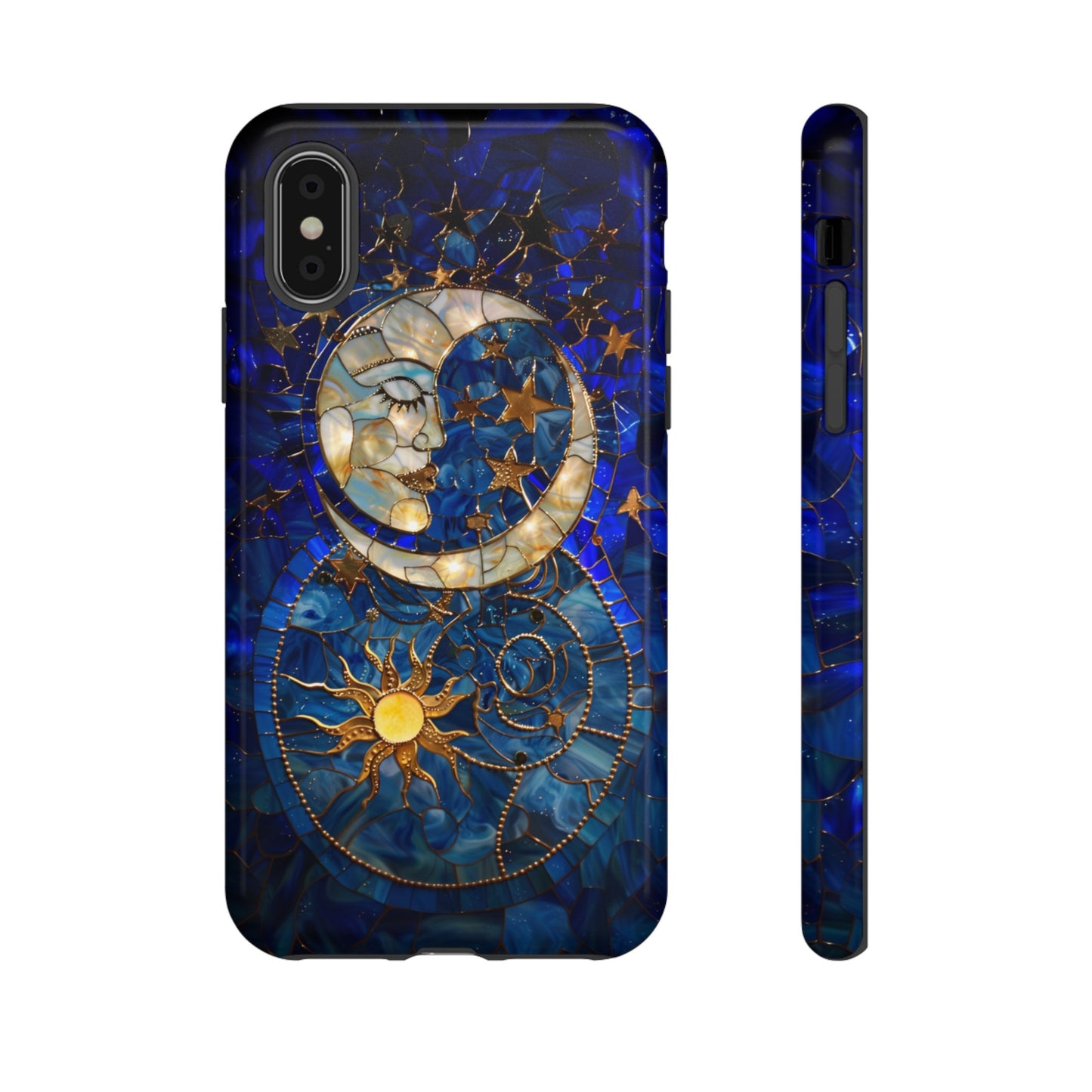 Celestial Stained Glass Moon and Stars Phone Case, Night Sky iPhone 15 Case