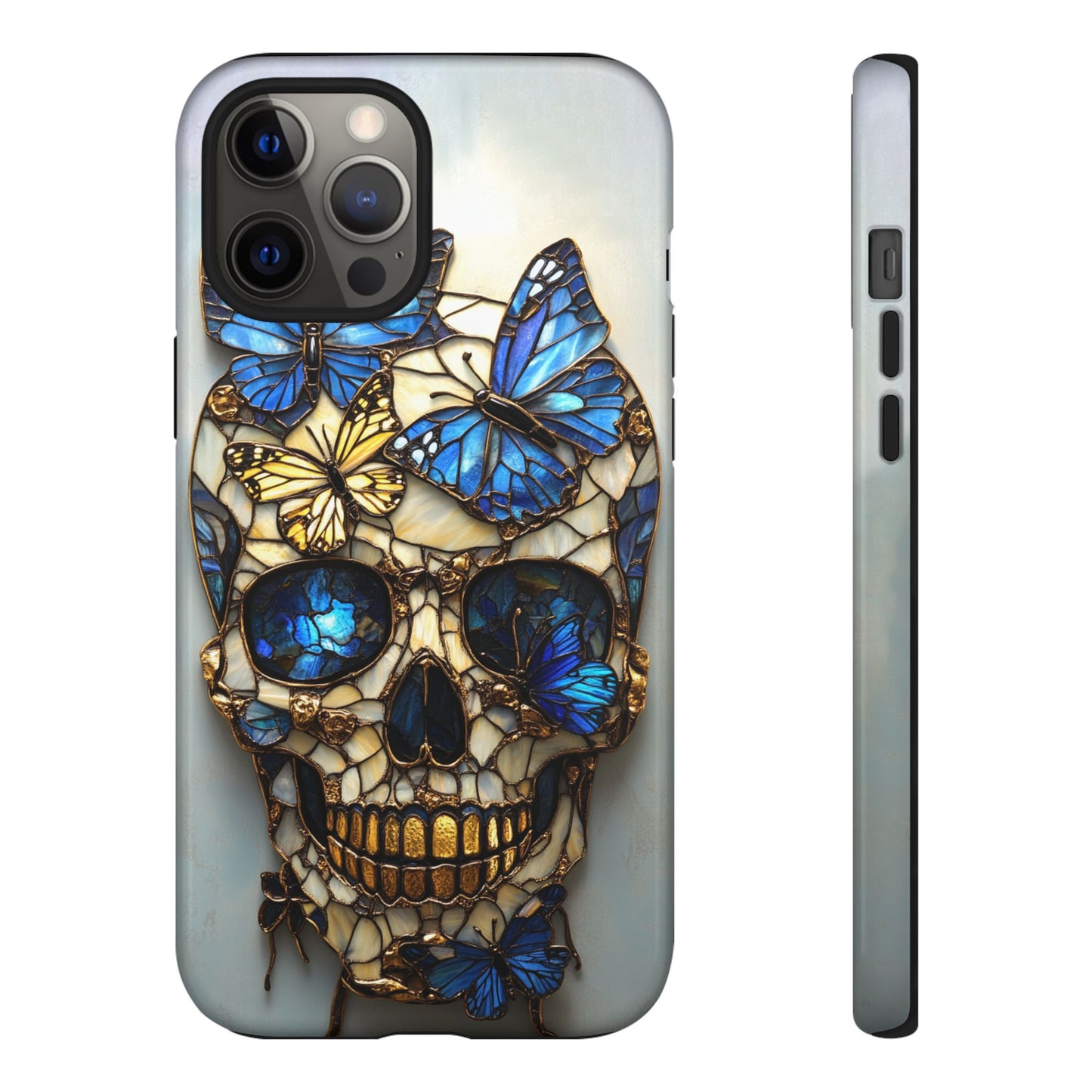 Gold and Blue Stained Glass Skull and Butterflies Phone Cover