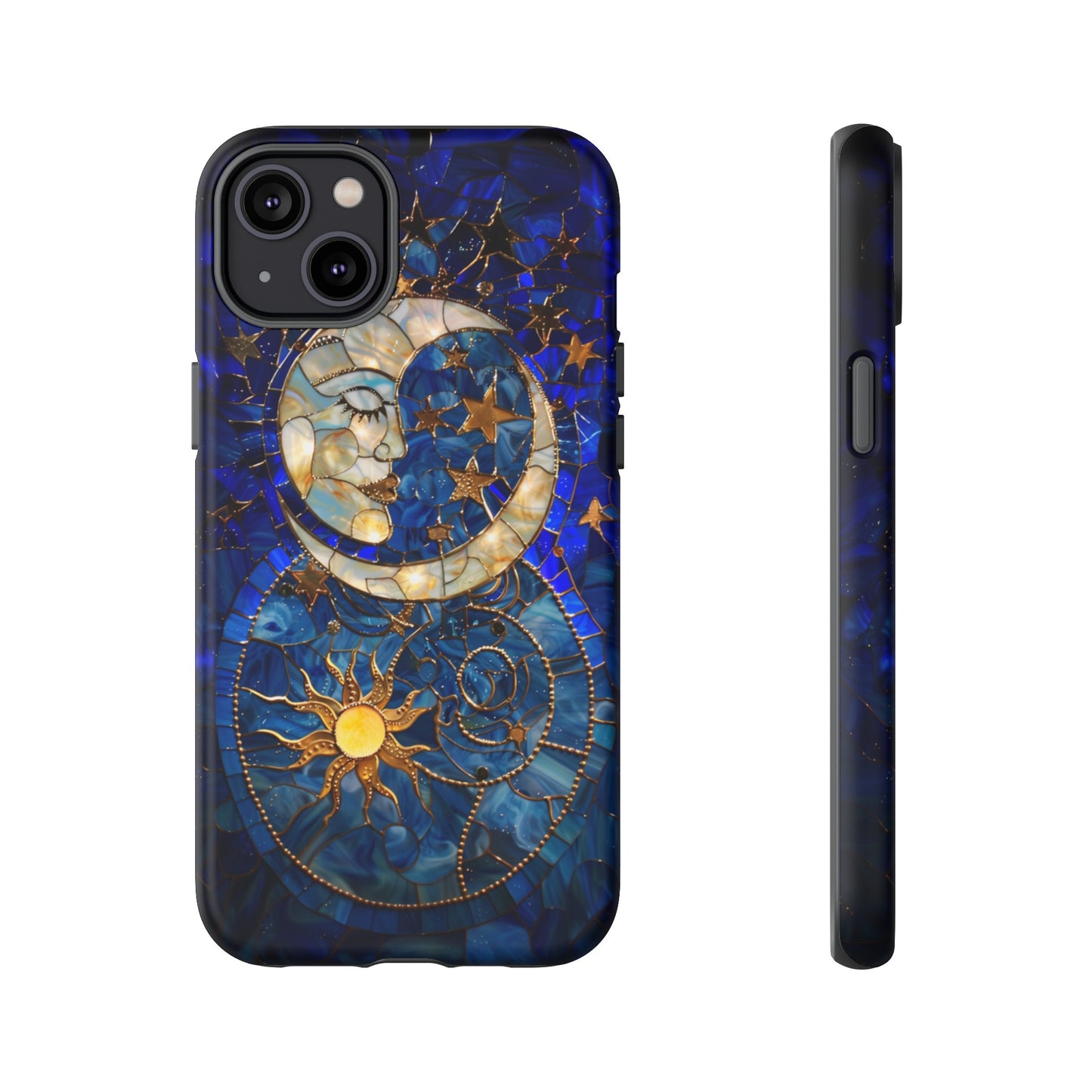 Celestial Stained Glass Moon and Stars Phone Case, Night Sky iPhone 15 Case