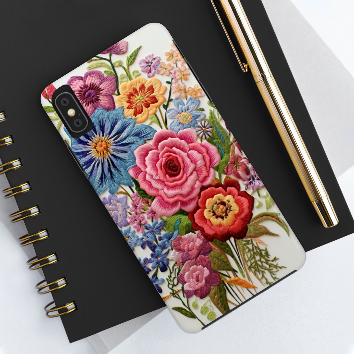 Embroidery Style Floral Aesthetic Flowers in Retro Vintage Tough Case iPhone Case