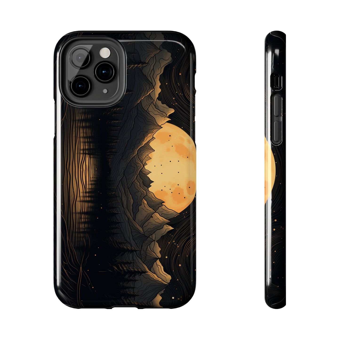 Abstract Landscape Black and Gold Mountains iPhone Case | Embrace the Mystical Full Moon