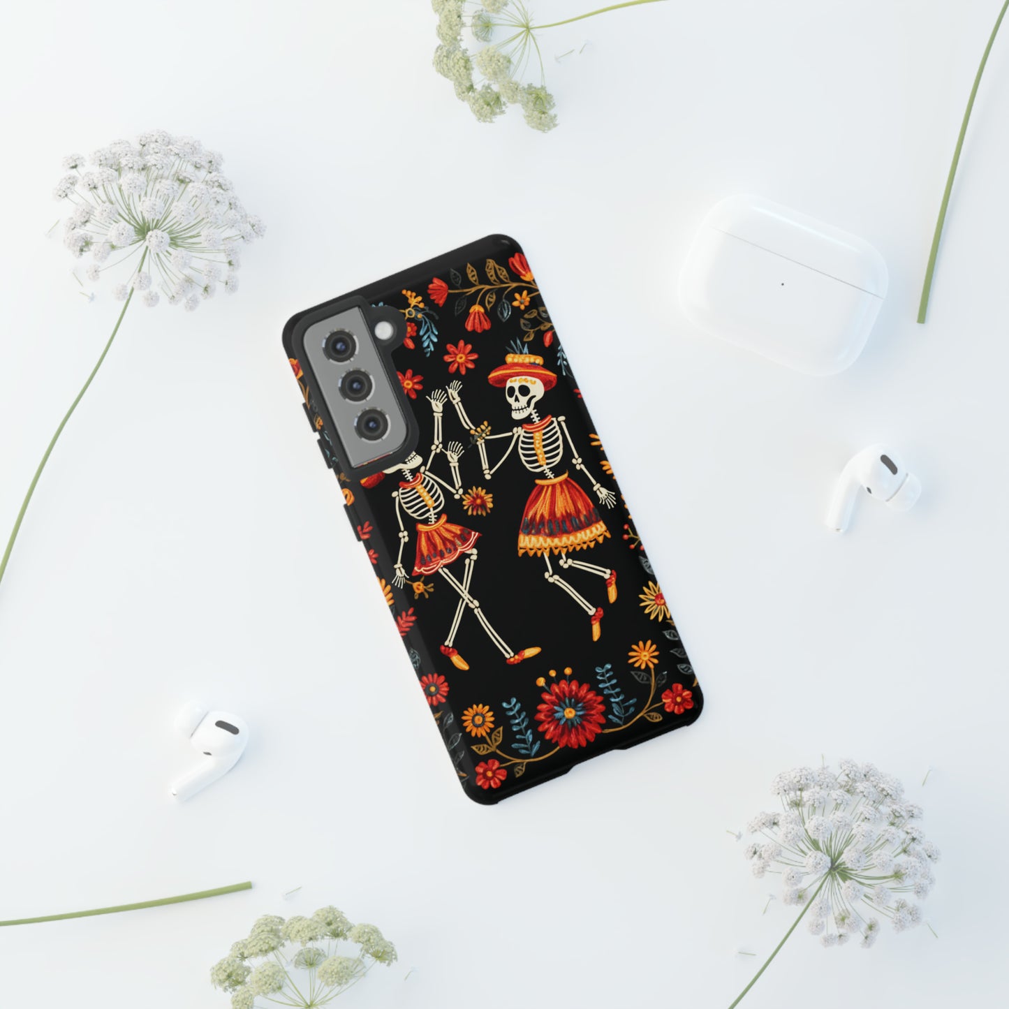 Dead Can Dance, iPhone 15 case, Floral Embroidery Skeletons | Whimsical Dance of the Departed for Google Pixel, iPhone & Samsung Galaxy