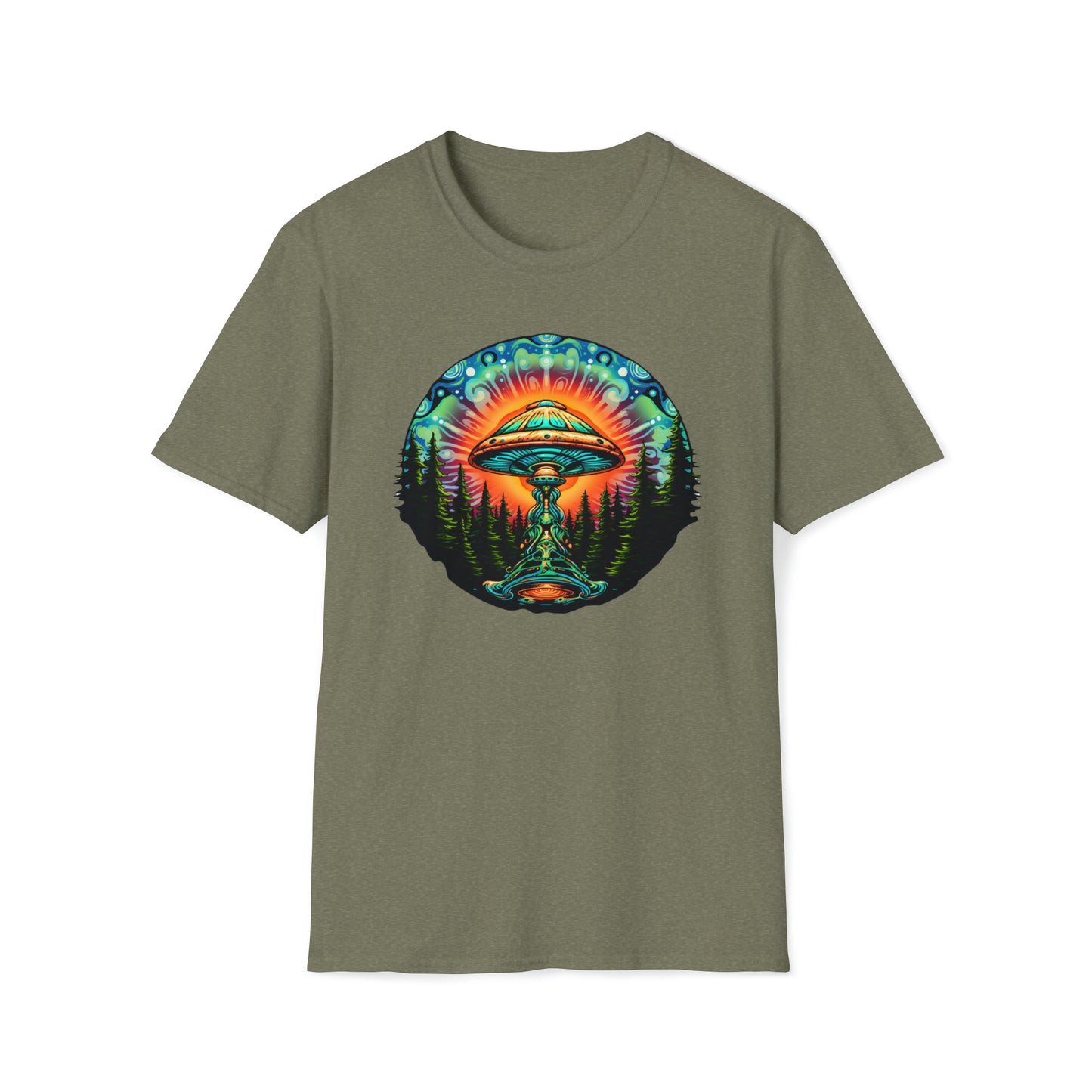 Trippy UFO Galactic Tee - Unisex Cosmic Alien Encounter T-Shirt, Vibrant Space Design