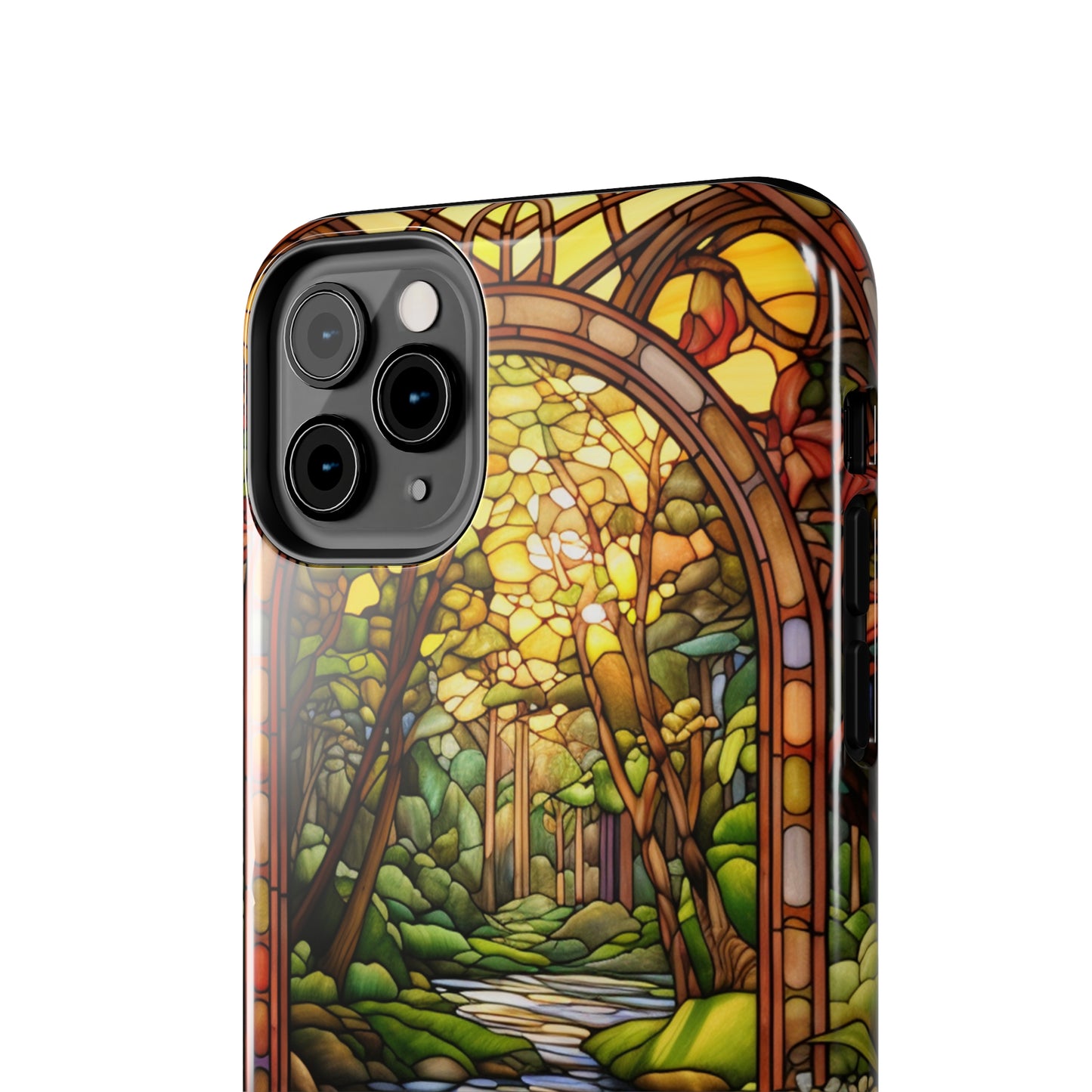 Stained Glass Stone Bridge and River Phone Case: Floral Art Nouveau Design | Bohemian Elegance for iPhone 14 Pro Max, iPhone 14 Plus