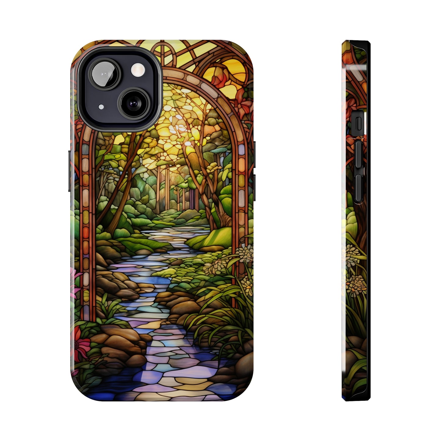 Stained Glass Stone Bridge and River Phone Case: Floral Art Nouveau Design | Bohemian Elegance for iPhone 14 Pro Max, iPhone 14 Plus