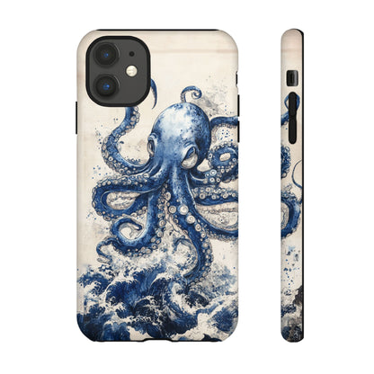 Vintage Japanese Art Style Blue Octopus and Waves Phone Cover