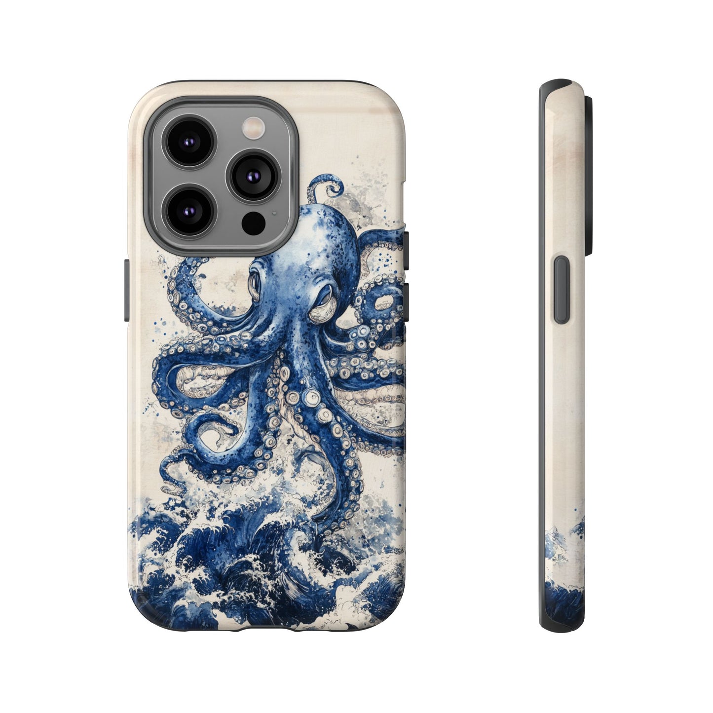 Vintage Japanese Art Style Blue Octopus and Waves Phone Cover