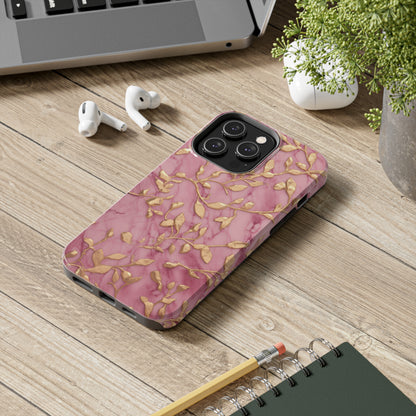 iPhone 14 Case Alluring Elegance: Pink & Gold Leaf Tough iPhone Case