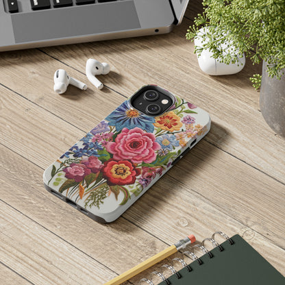 Embroidery Style Floral Aesthetic Flowers in Retro Vintage Tough Case iPhone Case