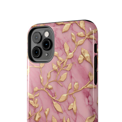 iPhone 14 Case Alluring Elegance: Pink & Gold Leaf Tough iPhone Case