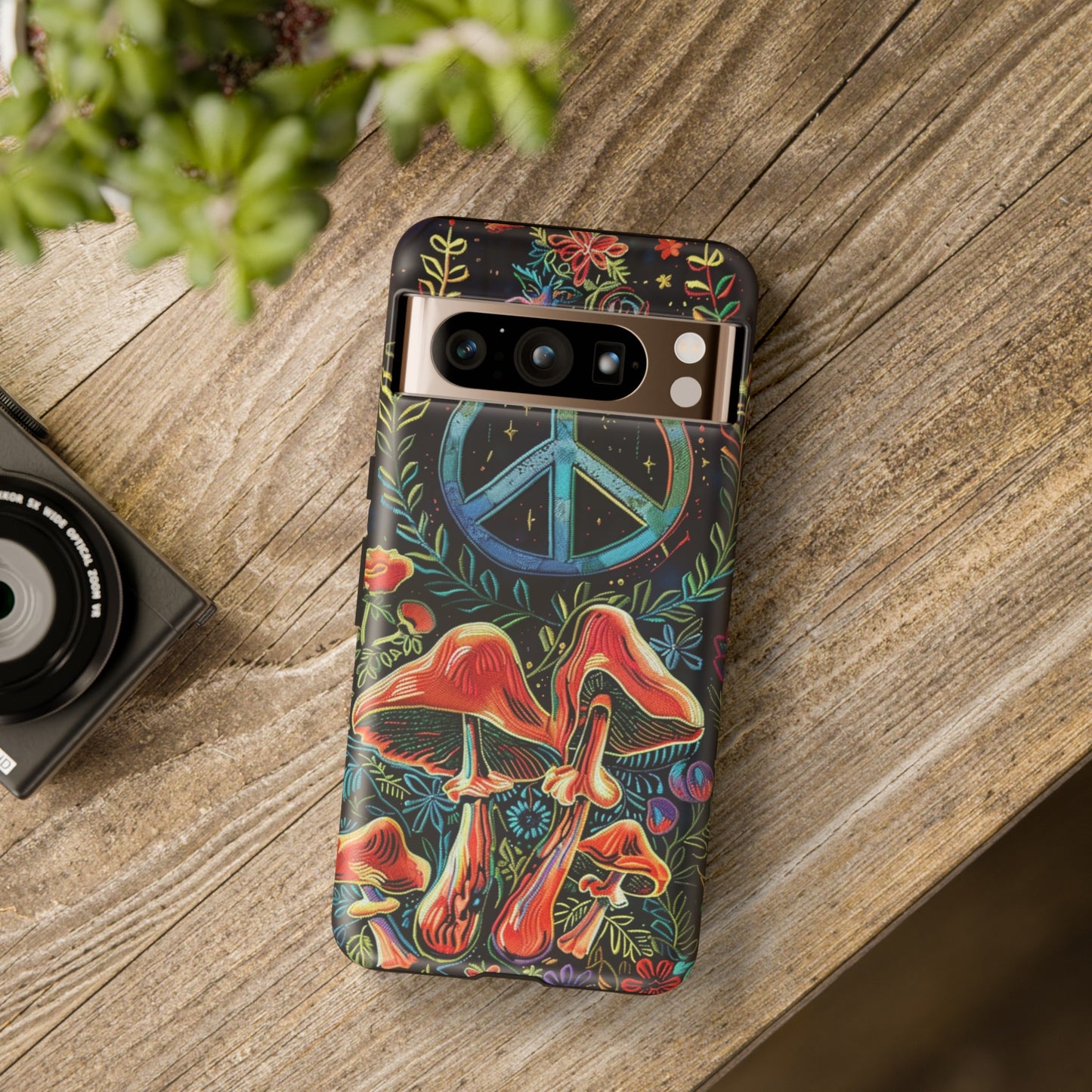 Embroidery Style Magic Mushrooms and Peace Sign Phone Case