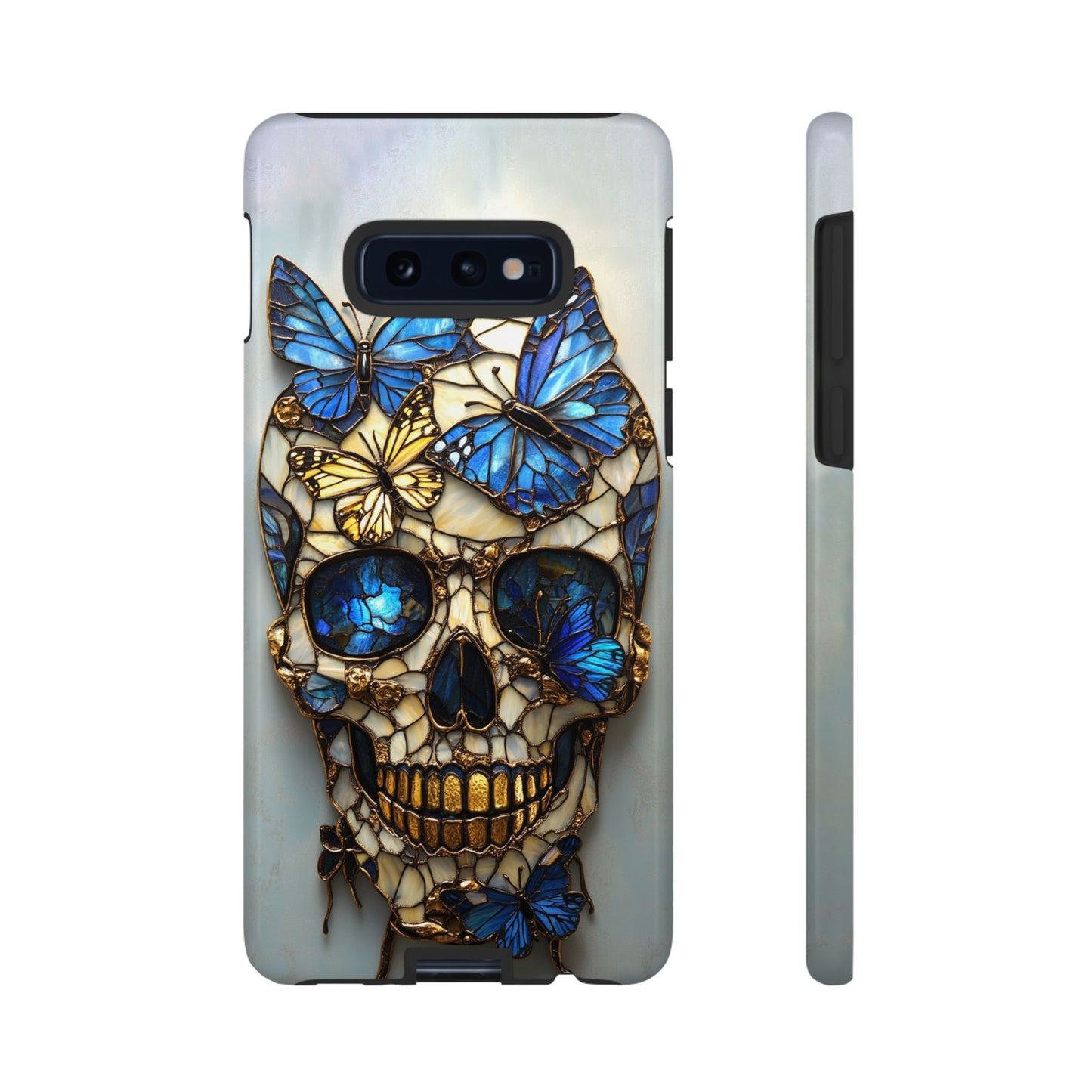 Gold and Blue Stained Glass Skull and Butterflies Phone Cover