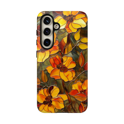 Orange floral phone case for iPhone 15 with stained glass design