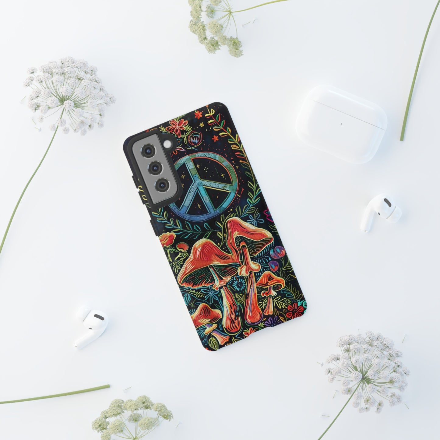 Embroidery Style Magic Mushrooms and Peace Sign Phone Case