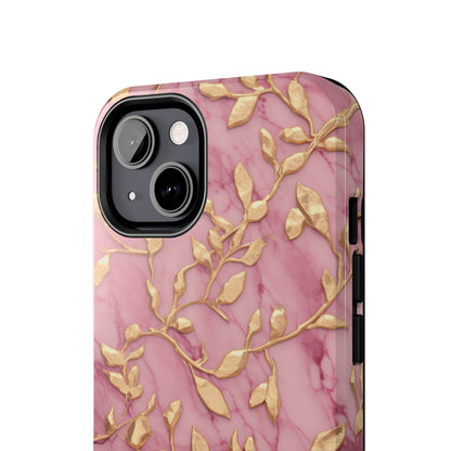 iPhone 14 Case Alluring Elegance: Pink & Gold Leaf Tough iPhone Case