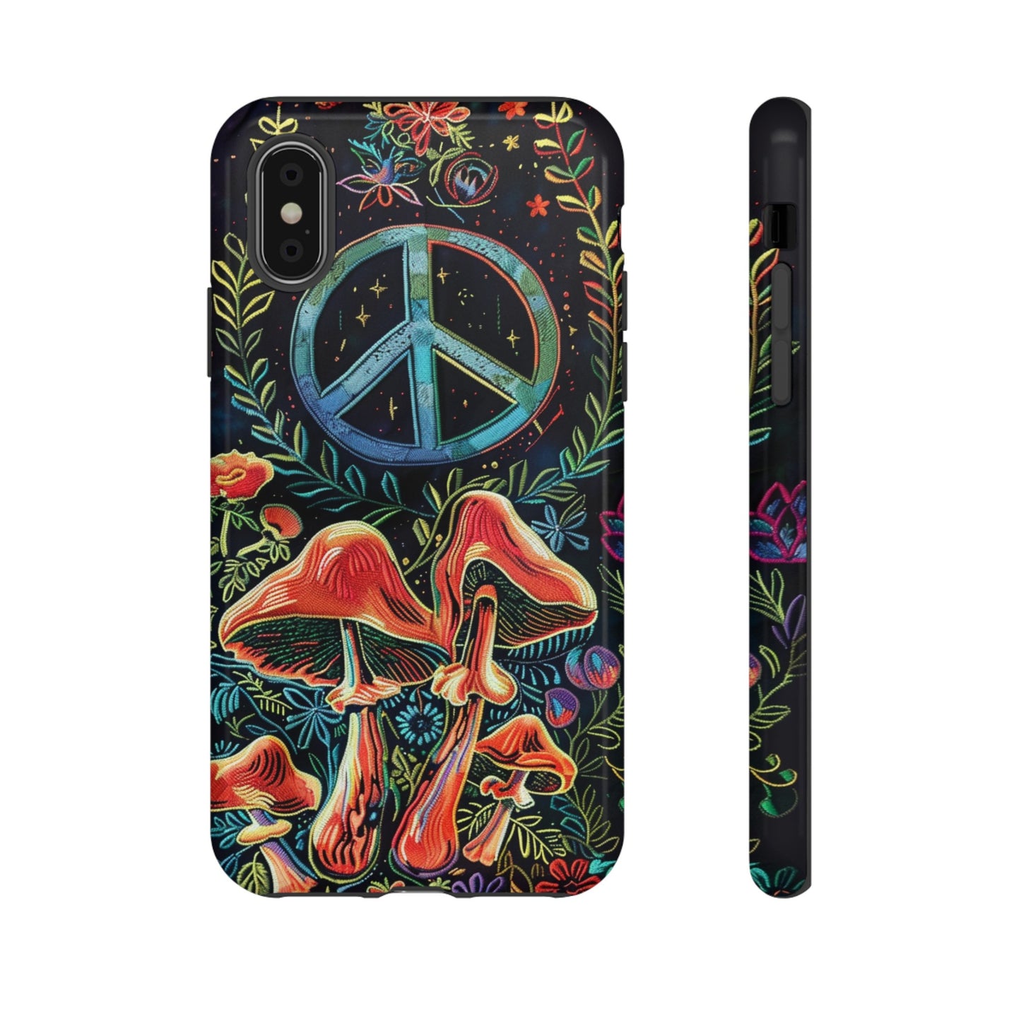 Embroidery Style Magic Mushrooms and Peace Sign Phone Case