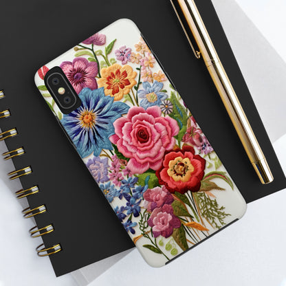 Embroidery Style Floral Aesthetic Flowers in Retro Vintage Tough Case iPhone Case