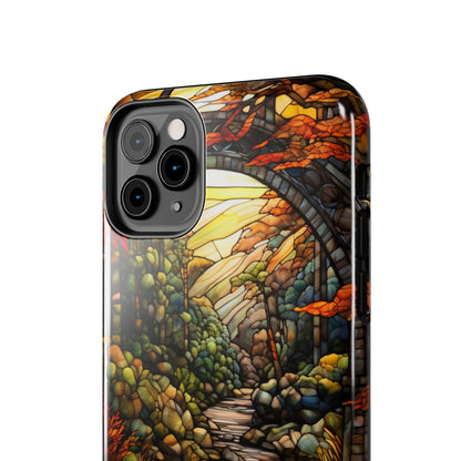 Stained Glass Stone Bridge and River: Floral Art Nouveau Phone Case | Bohemian Elegance for iPhone 14 down to iPhone 7 Models