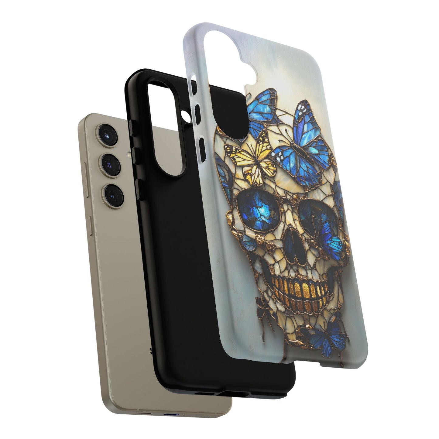 Gold and Blue Stained Glass Skull and Butterflies Phone Cover