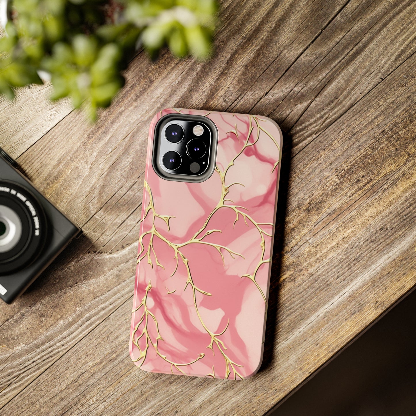 iPhone Elegance Unveiled: Pink & Gold Leaf Marble | Premium Tough iPhone Case