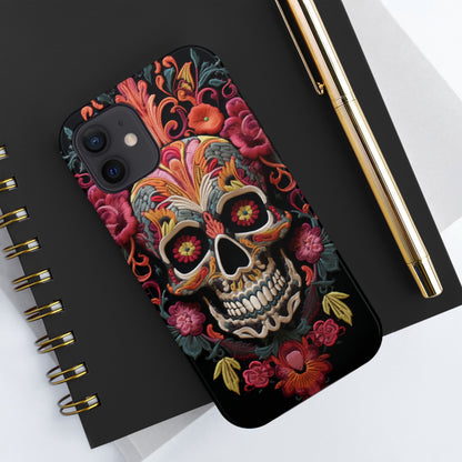 Embroidery Style Sugar Skulls Goth Dark Academia Tough Case iPhone, Edgy Cover, iPhone 14 Plus 13 12 7 8 Se Trendy Halloween Retro Vibe