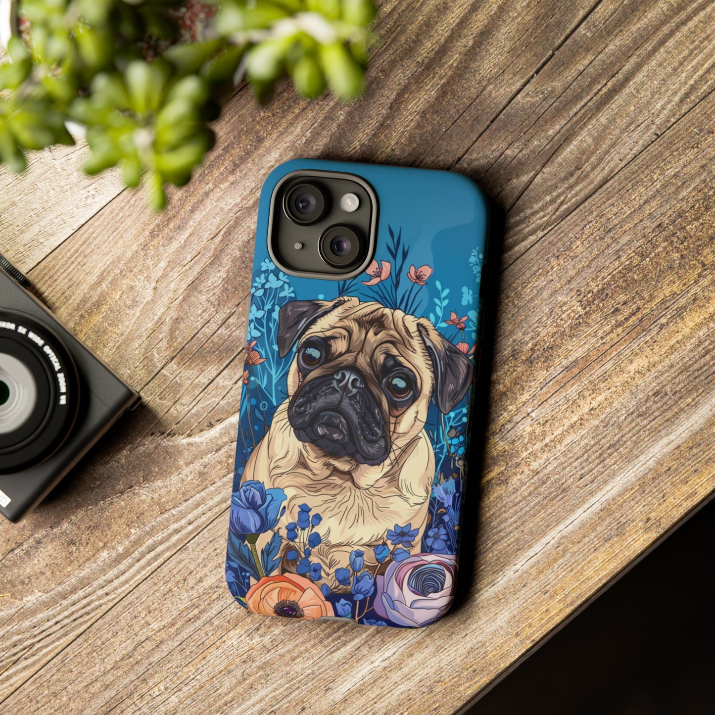 Cute Pug Dog Blue Floral Design Phone Case