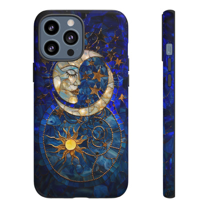 Celestial Stained Glass Moon and Stars Phone Case, Night Sky iPhone 15 Case