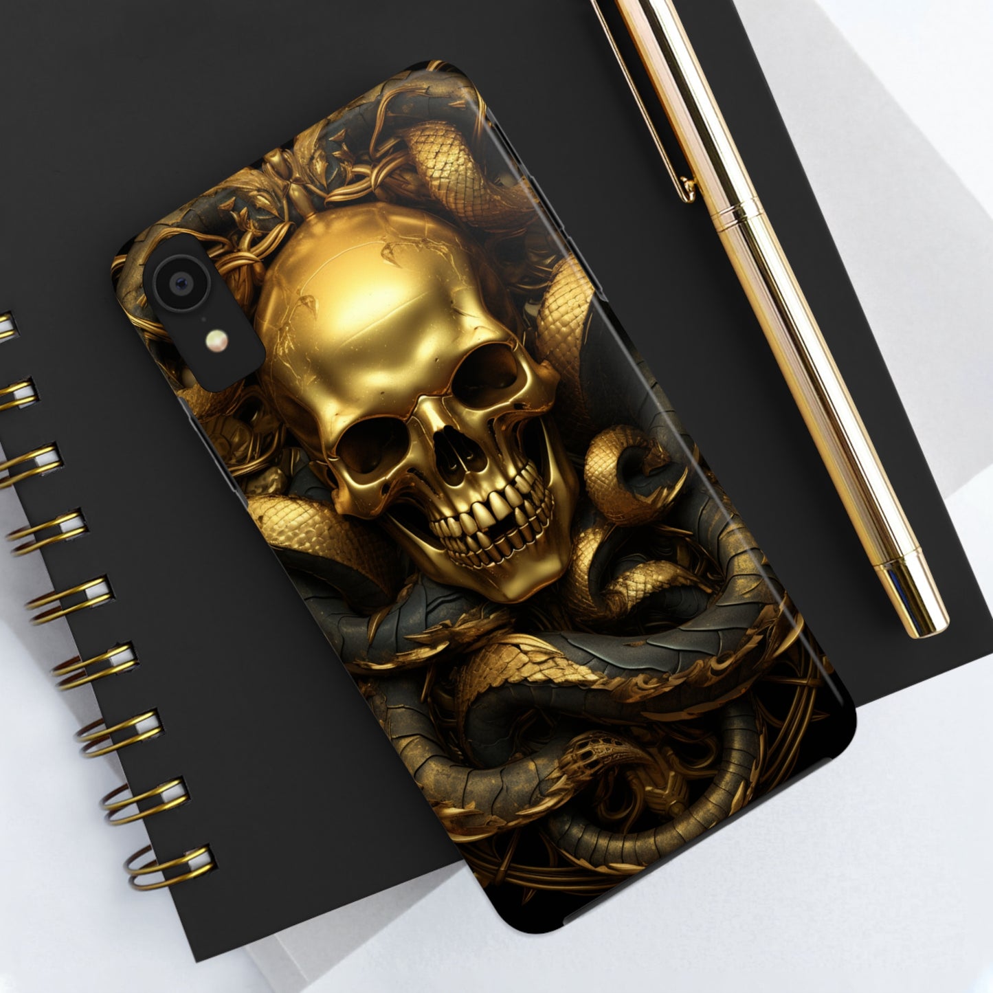 iPhone 14 Case Dark Elegance: Gold Skulls and Snakes Tough iPhone Case | An Edgy Goth Delight