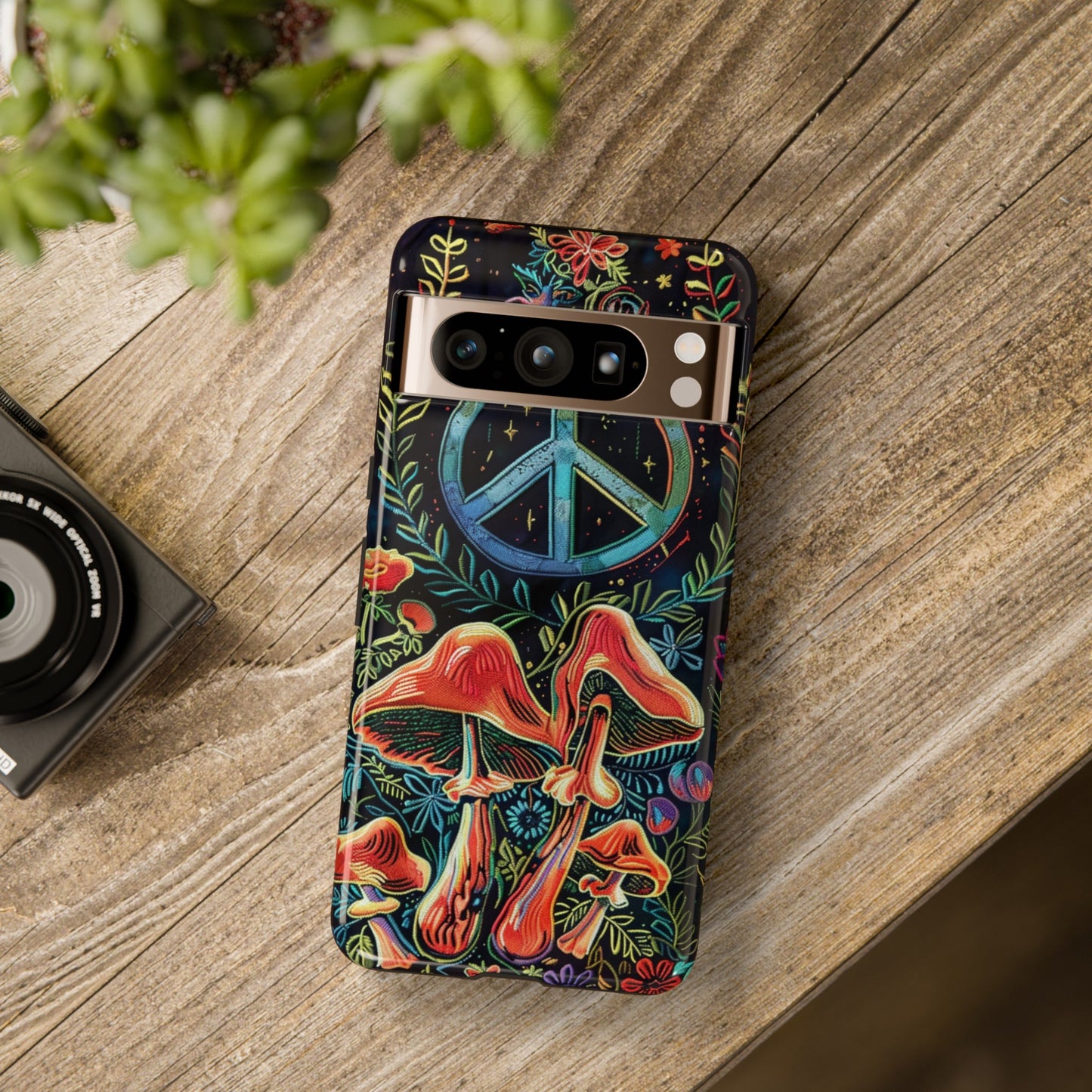 Embroidery Style Magic Mushrooms and Peace Sign Phone Case