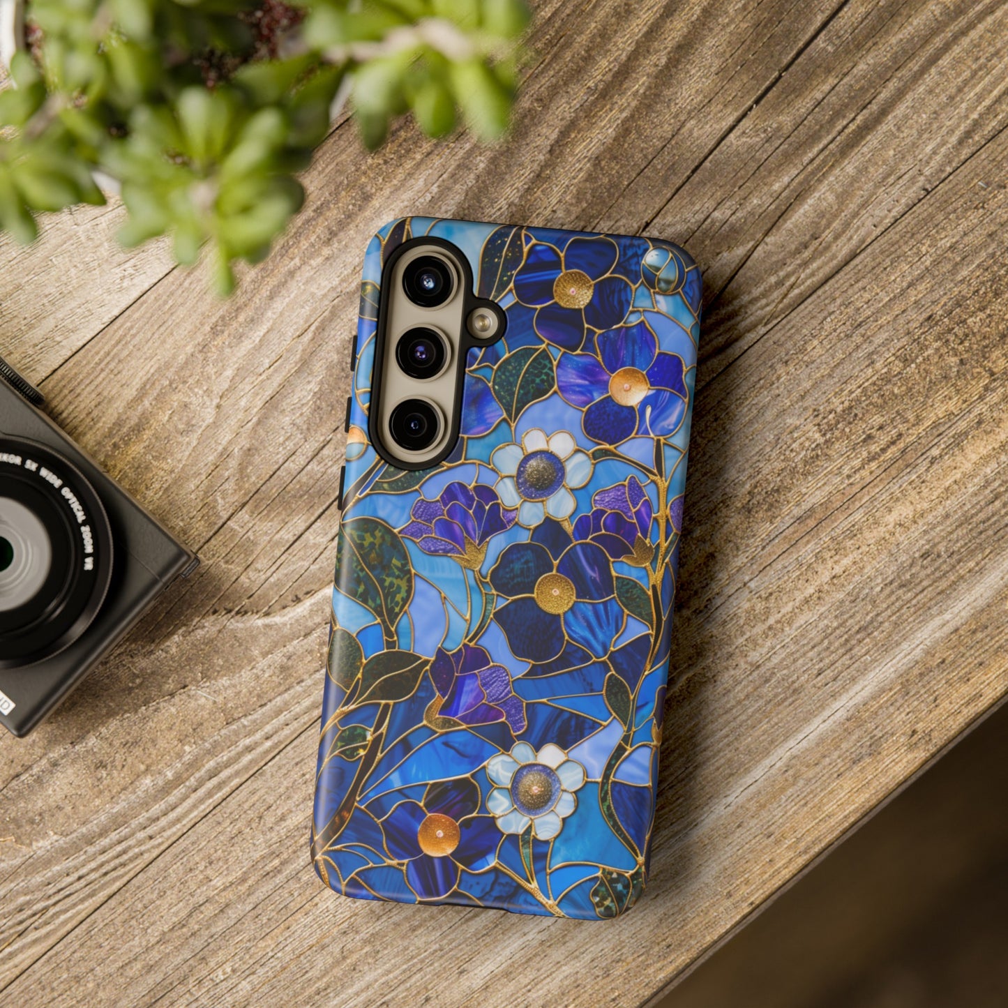 Blue Floral Stained Glass Gold Inlay Wild Flowers Phone Case