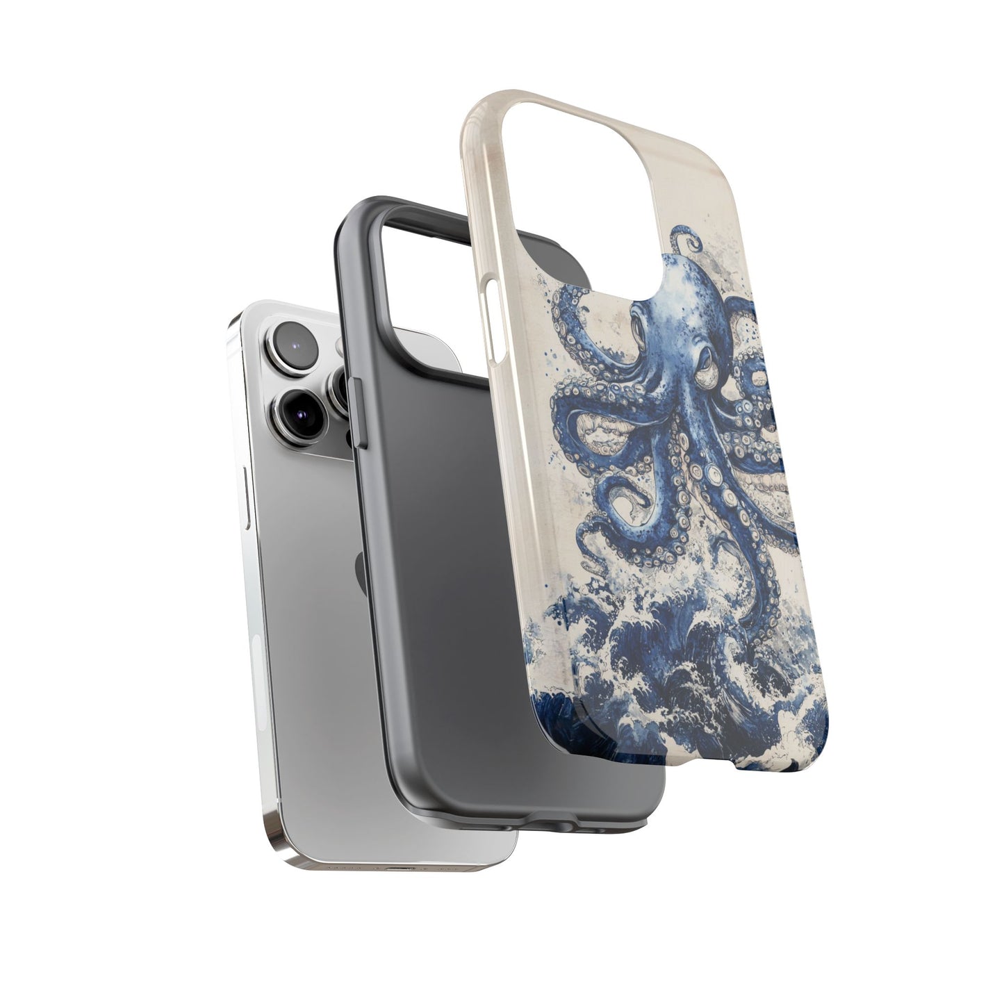 Vintage Japanese Art Style Blue Octopus and Waves Phone Cover