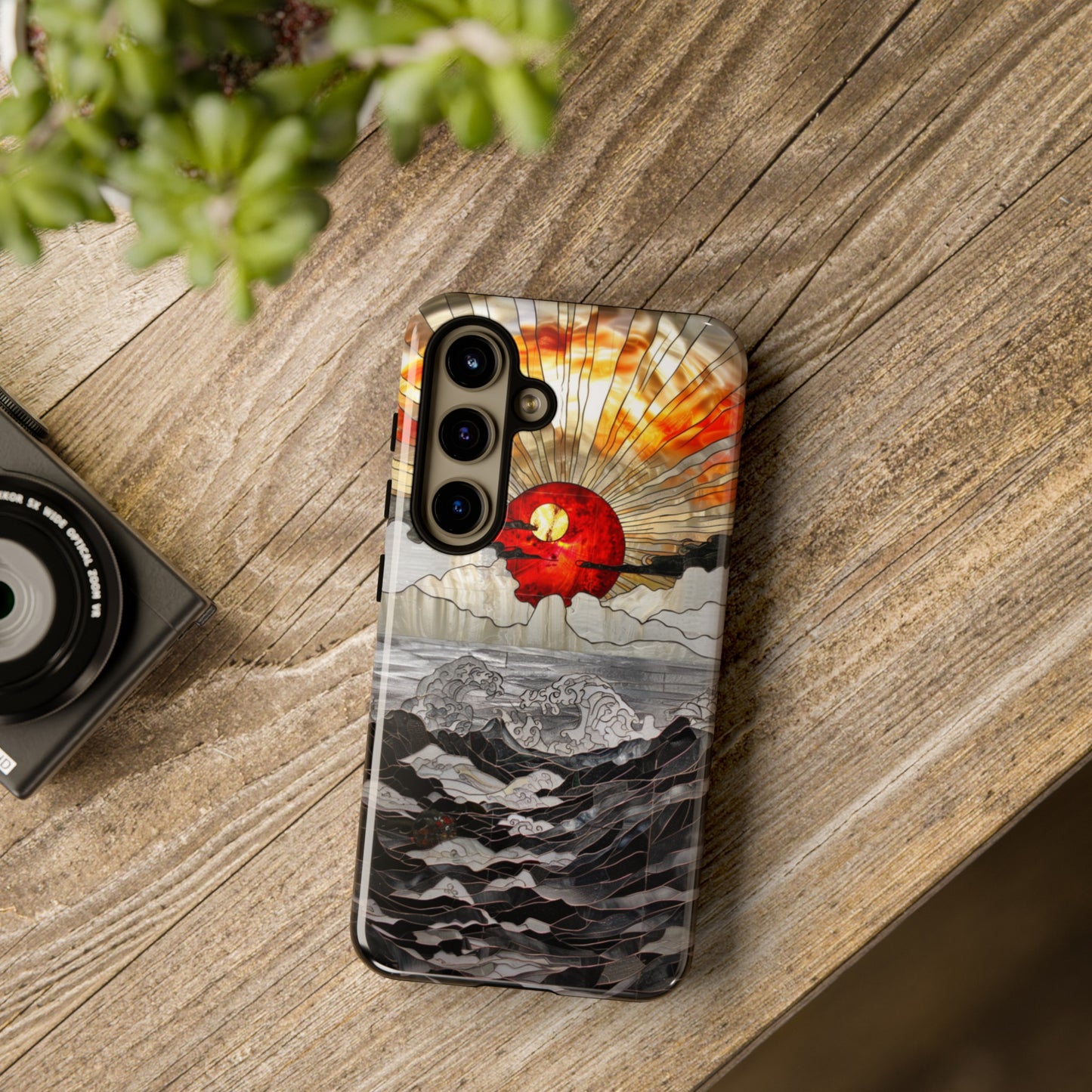 Japanese Rising Sun Phone Case Stained Glass Ocean Wave Phone Cover iPhone 15 Case