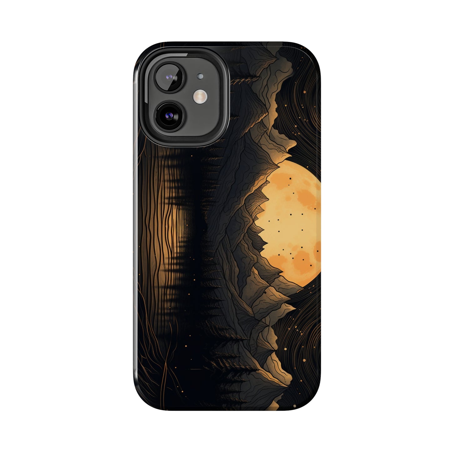 Abstract Landscape Black and Gold Mountains iPhone Case | Embrace the Mystical Full Moon